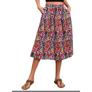 Women's Witsmile Below Knee Midi Skirt Elastic Waist Size 2XL Floral Multicolor